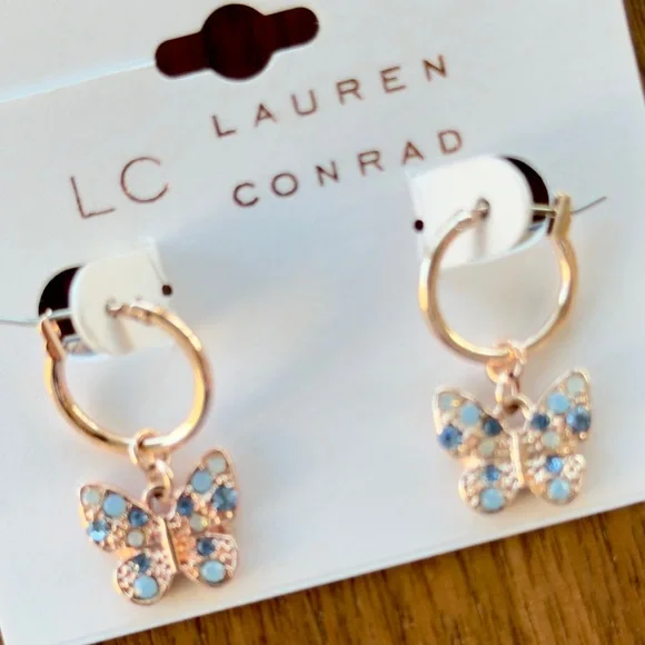 LAUREN CONRAD Blue Butterfly Rhinestones Gold Dangle Earrings - Picture 1 of 2